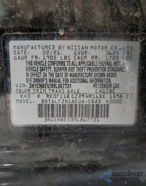 2021 Nissan Versa Sv z USA, uszkodzony, nr VIN 3N1CN8EV3ML867731